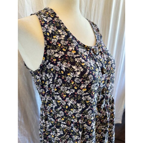 AUW Sundress Womens Medium Floral Navy Blue Floral Stretch Buttons Casual Flirty - Picture 2 of 7
